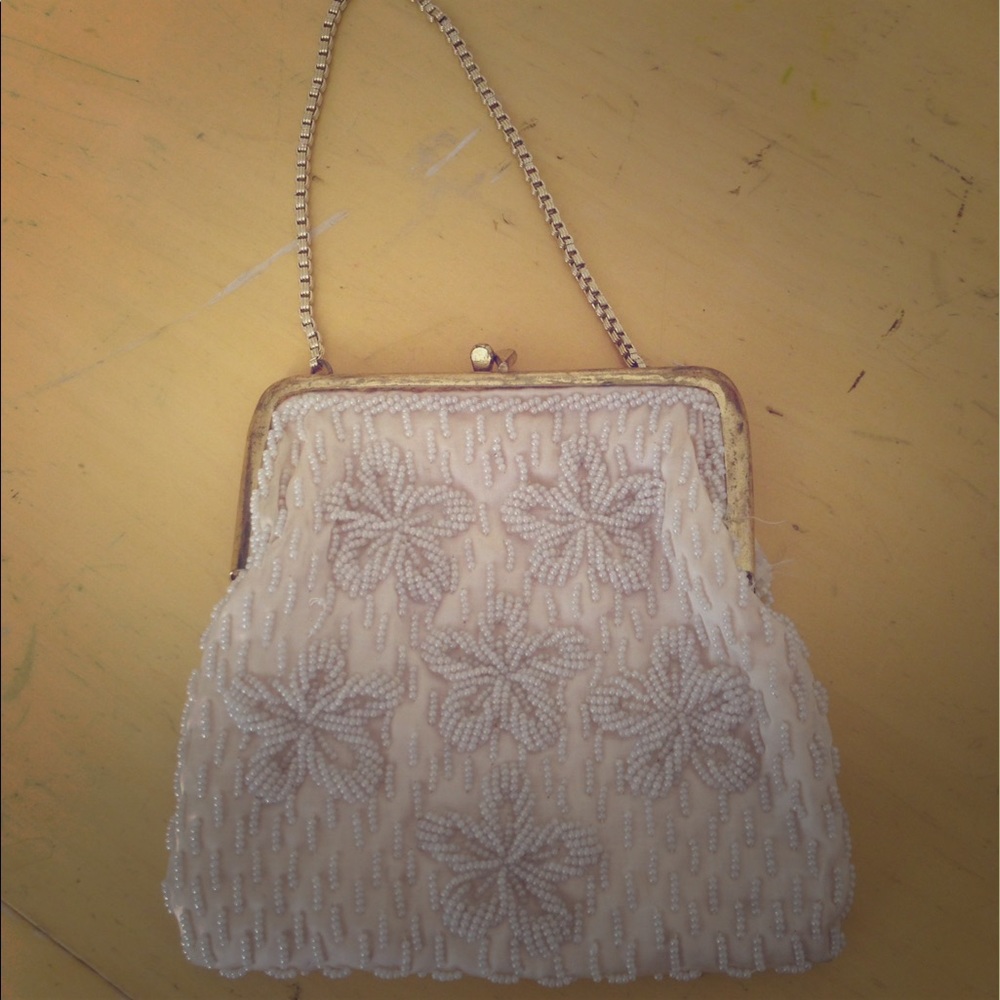 Vintage Beaded Purse - Small Floral Cream