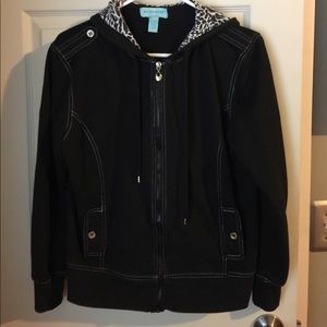 Zip up hoodie with lined hood.