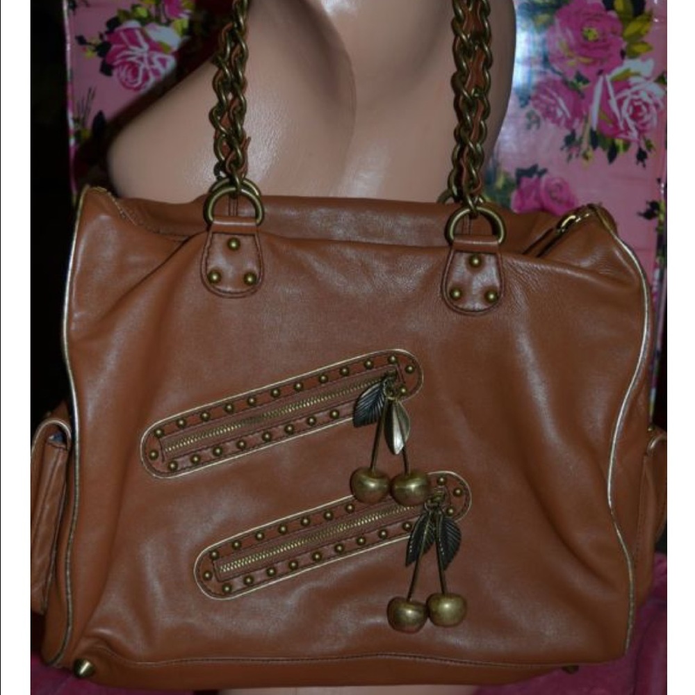 Betsey Johnson cognac brown cherry leather large purse handbag rockabilly retro