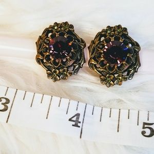 Purple stone and antique gold clip earrings