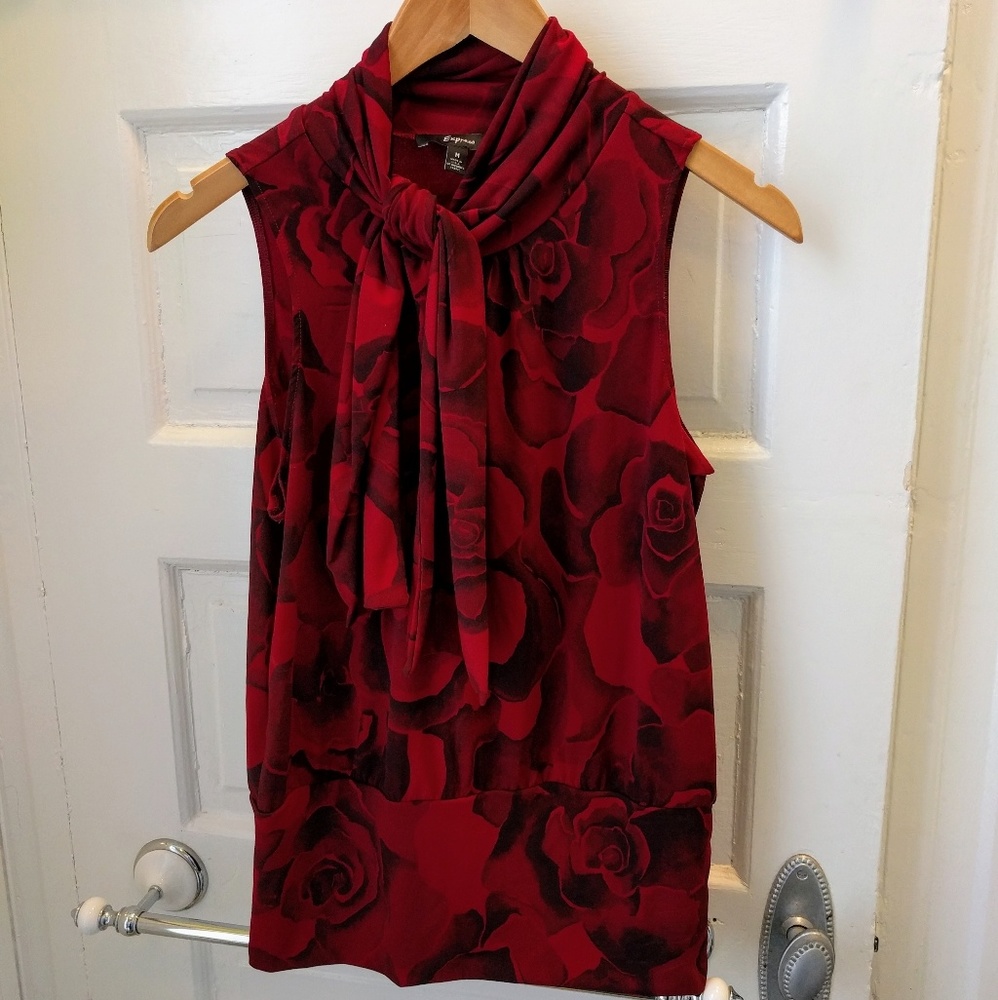 Express Red Roses Bow Neck Sleeveless Blouse, EUC