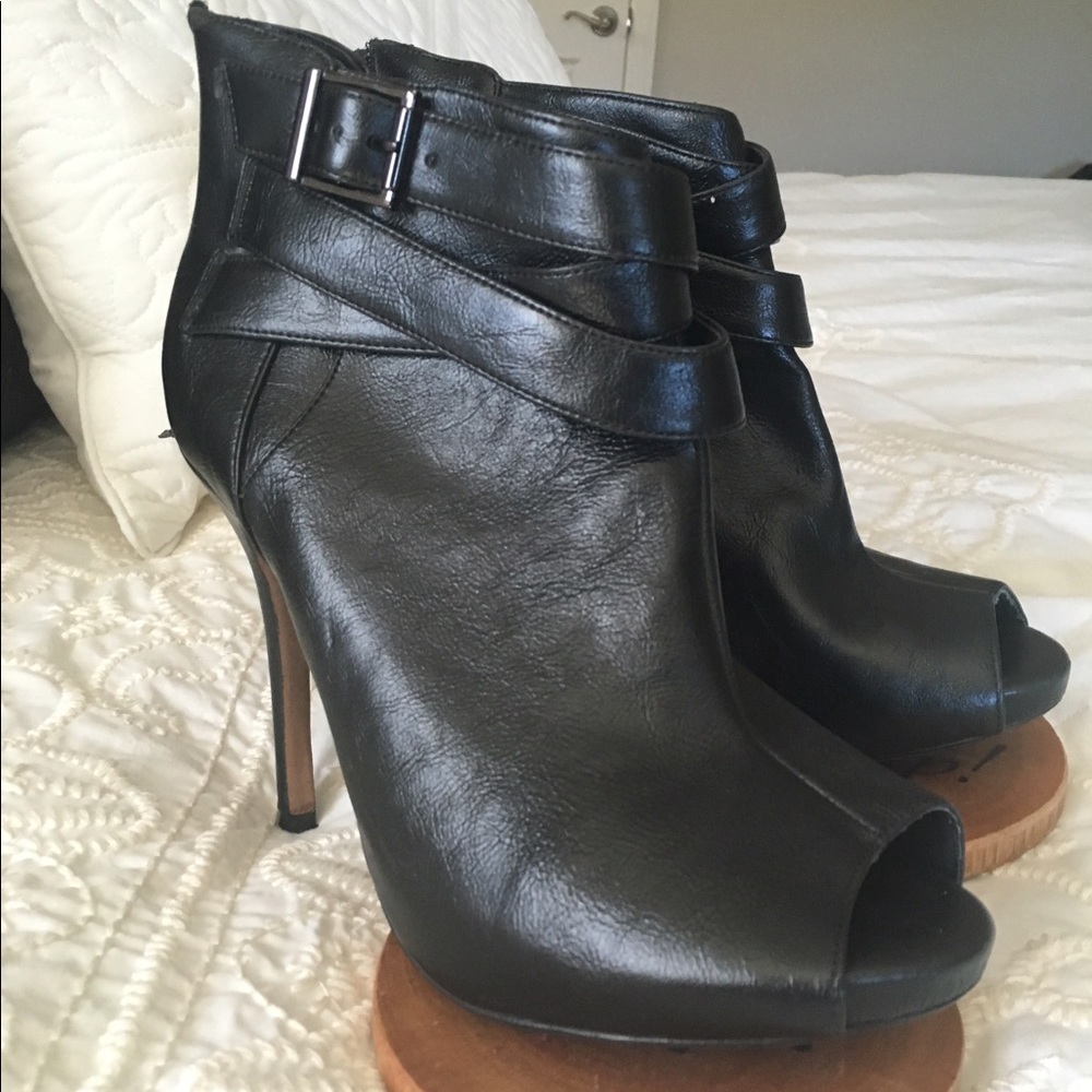 Black peep toe heeled booties