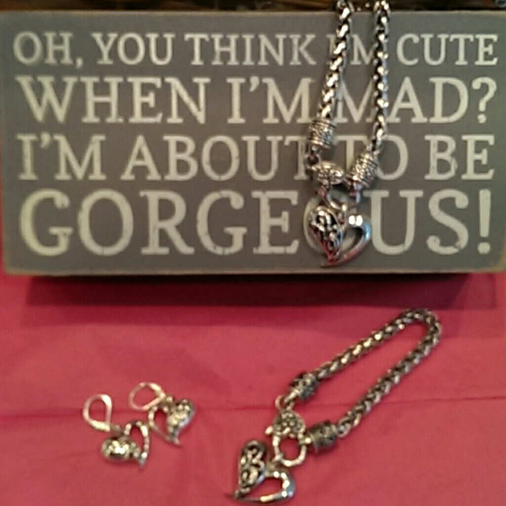 Silver tone heart necklace bracelet earrings set