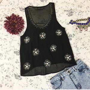 LF black sheer tank with gem 💎 flowers size 10