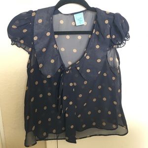 Navy blue polka dot sheer blouse size small