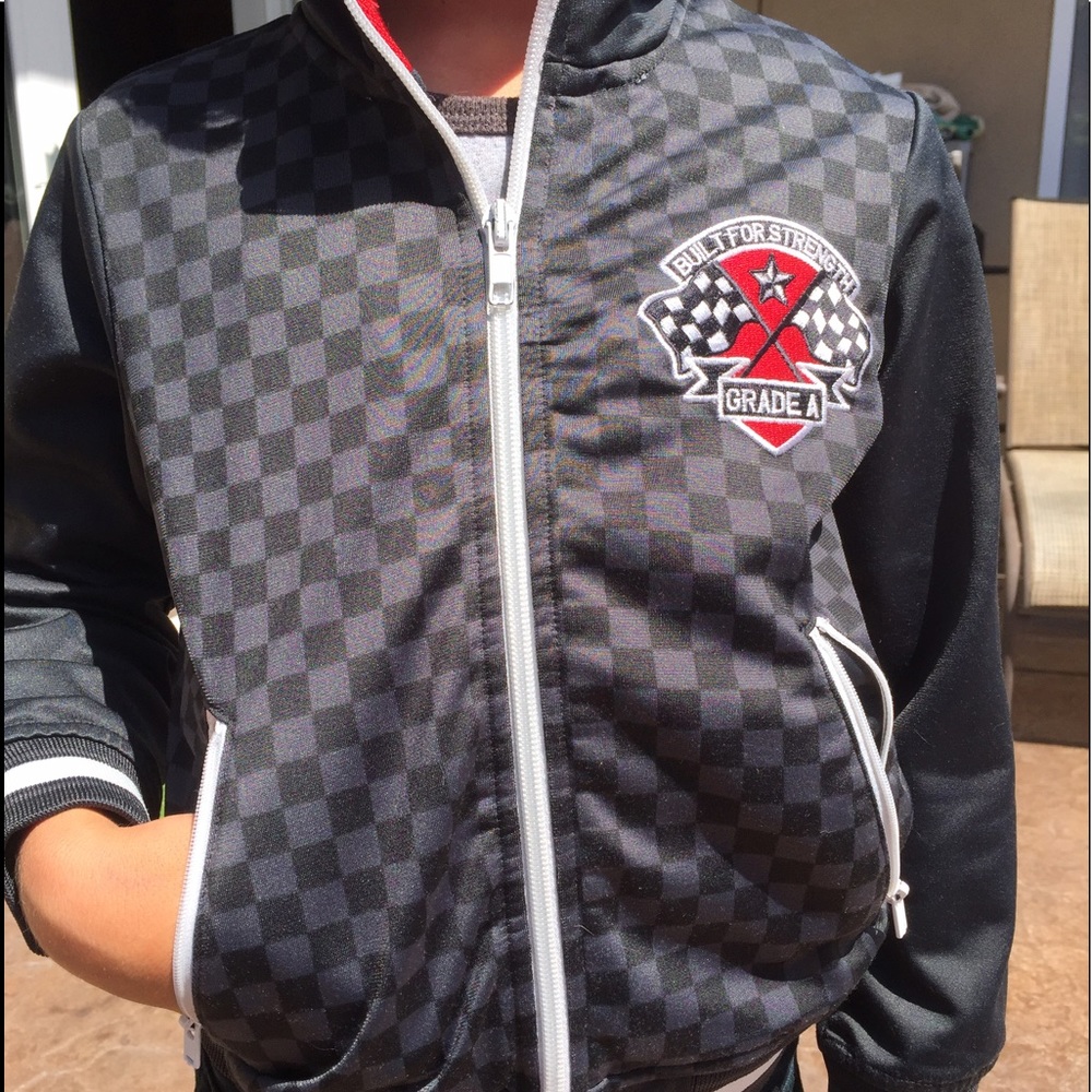 Kids H&M motorcycle themed zip up athletic jacket.