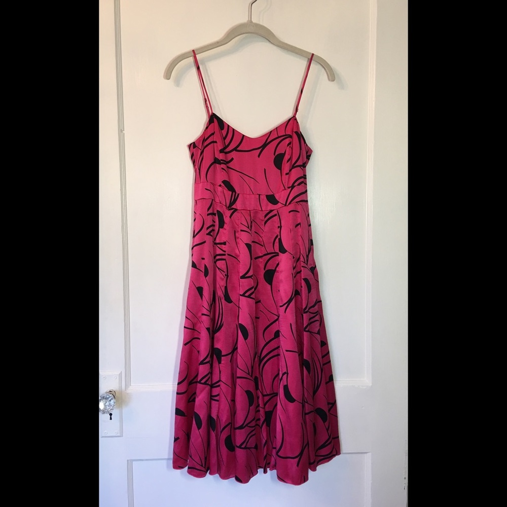 Hot Pink & Black Silk Deco Midi Dress- Size 2