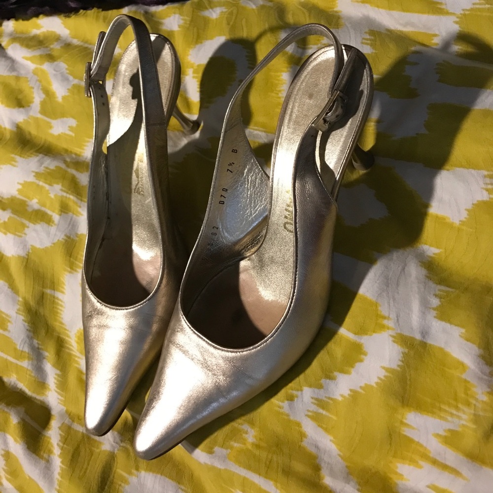 Gold Ferragamo kitten heels