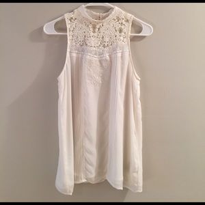 High neck, lace, flowy white tank top