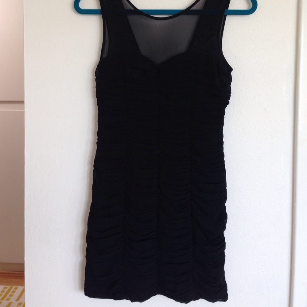 [SOLD] Ruched Black Mesh Detail Mini Dress