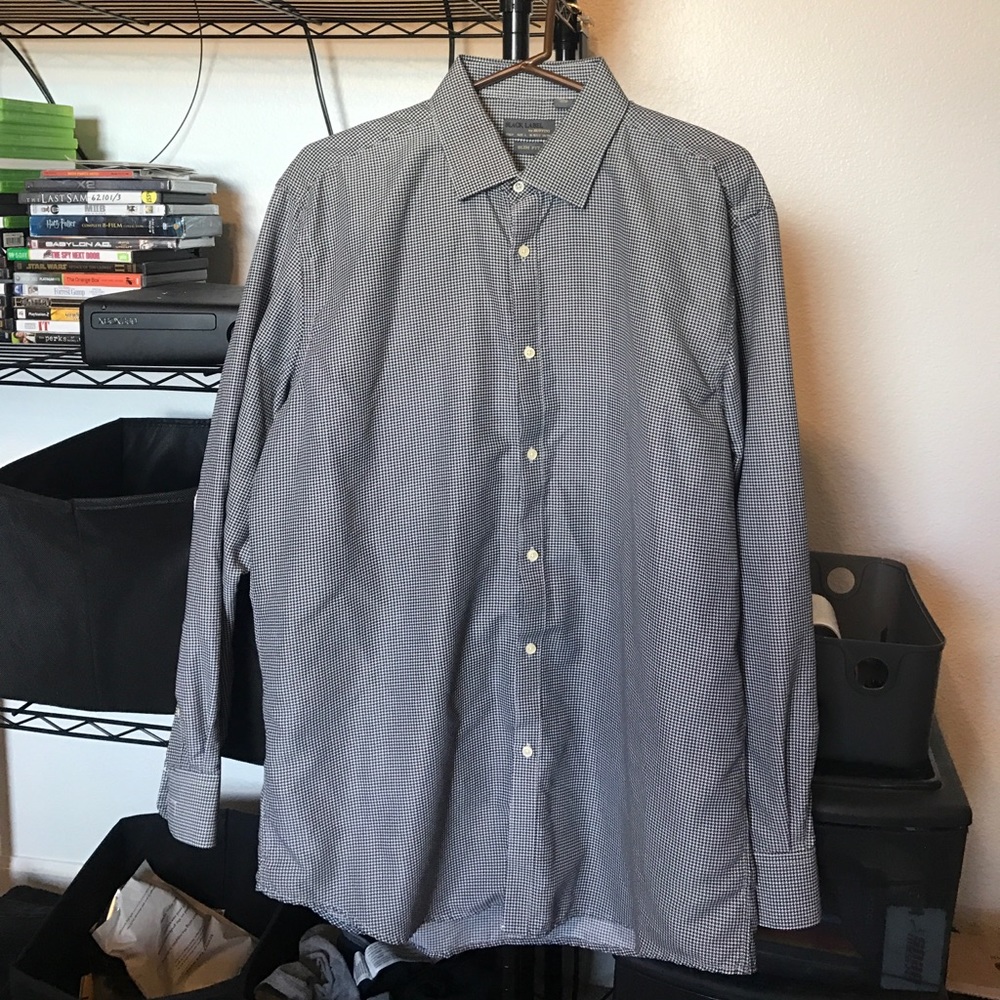 Black and white casual dress shirt.