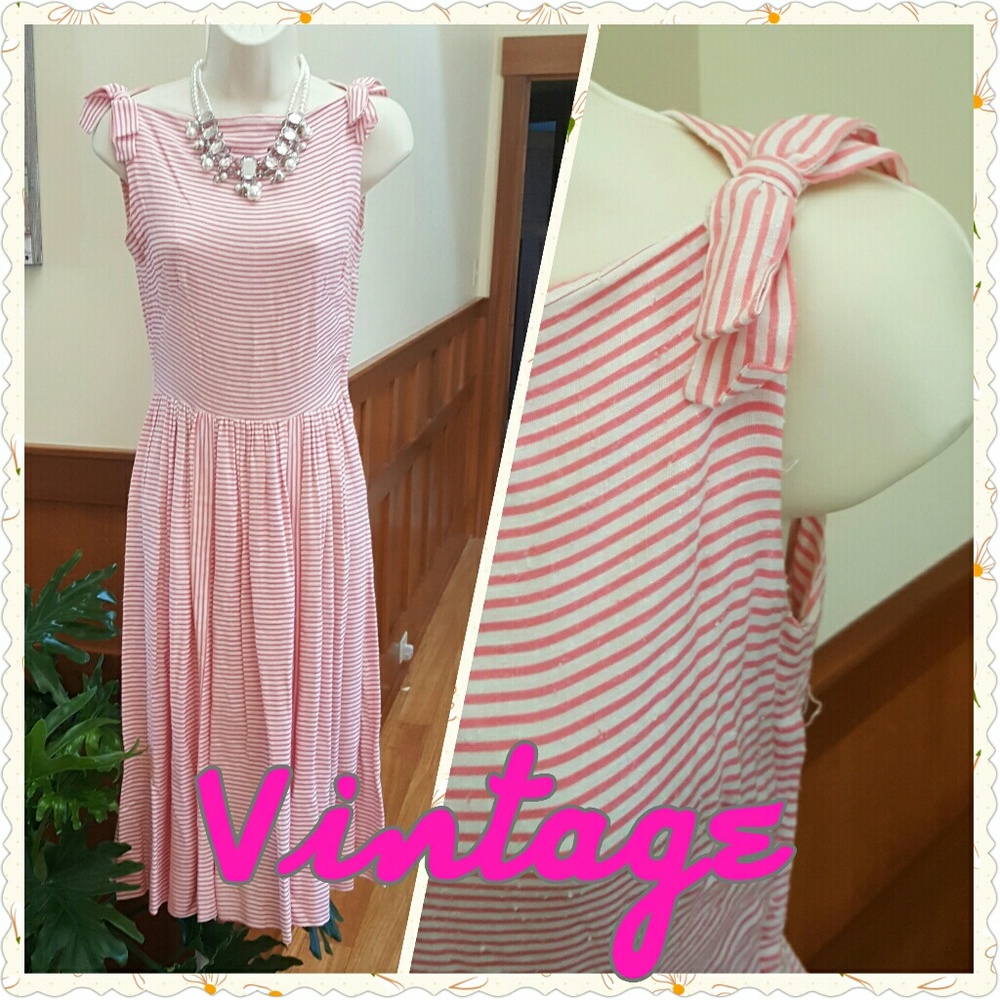 Vintage OOAK Pink White Candy Stripe Dress Bow S M
