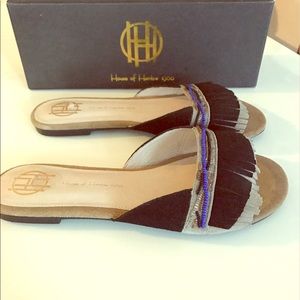 House of Harlow Mimi black suede fringe flats
