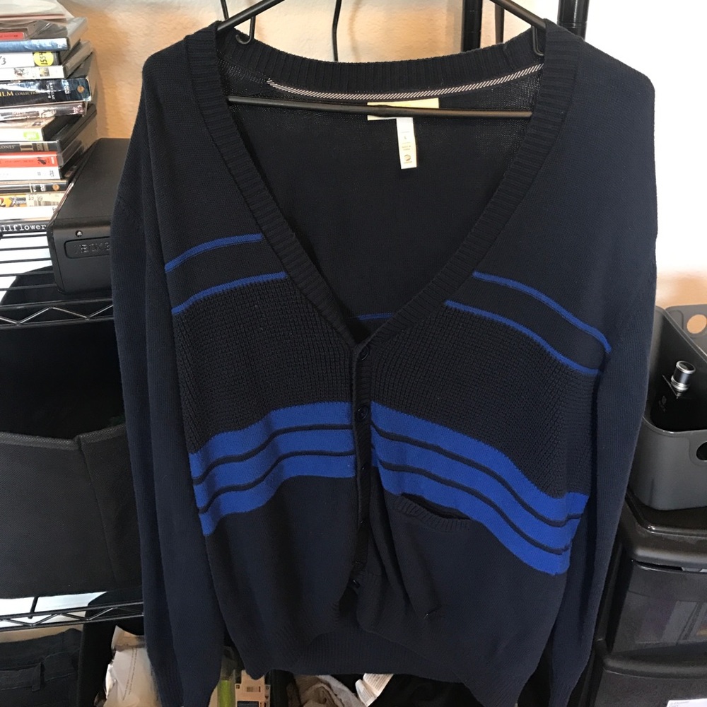 Navy and blue knit cardigan.