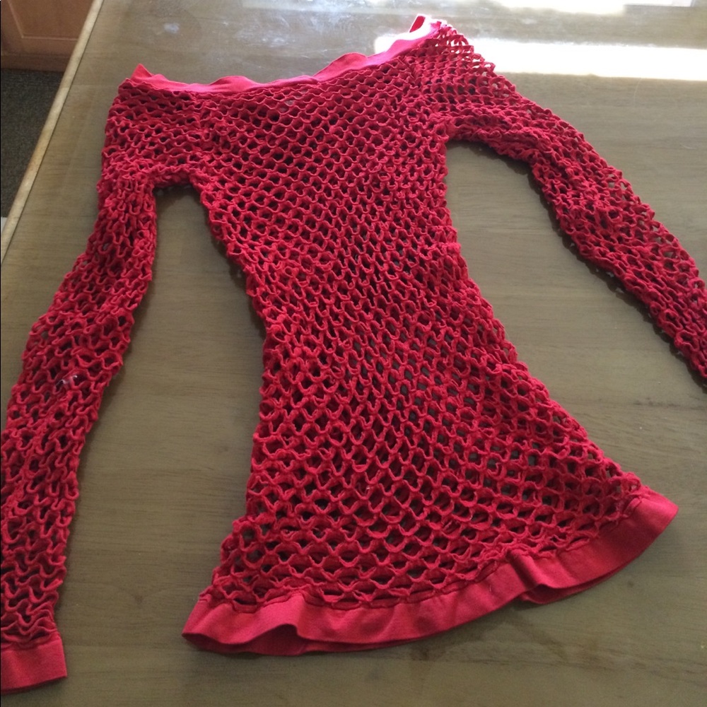 Stretchy Long Sleeve Red Fishnet Top