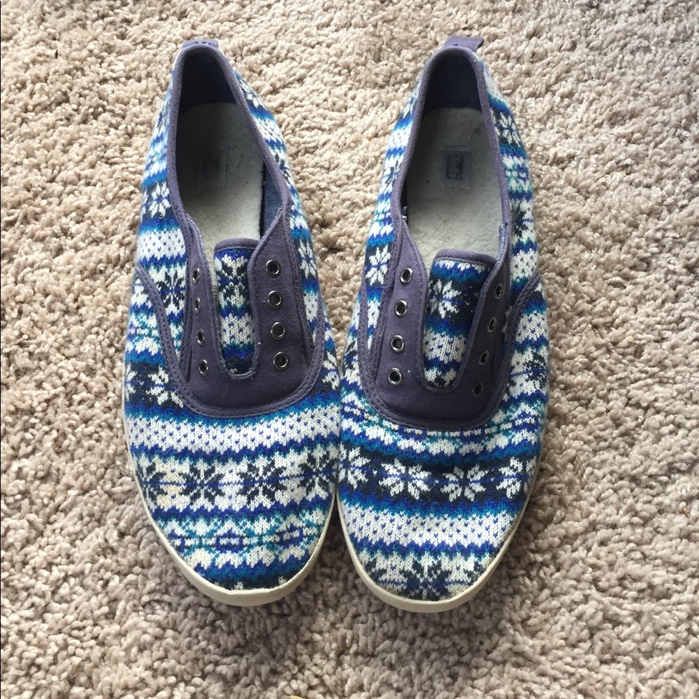 Keds blue winter print slip ons.