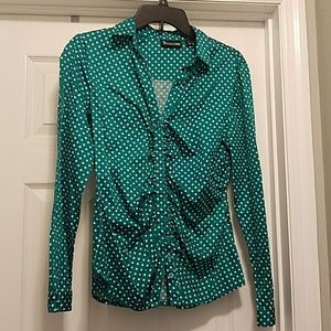 Green and white polka dot rouched button down