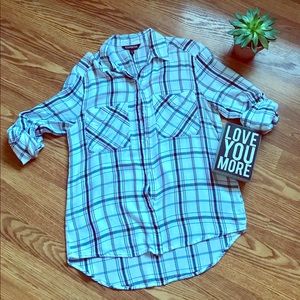 Express oversized plaid button-up shirt