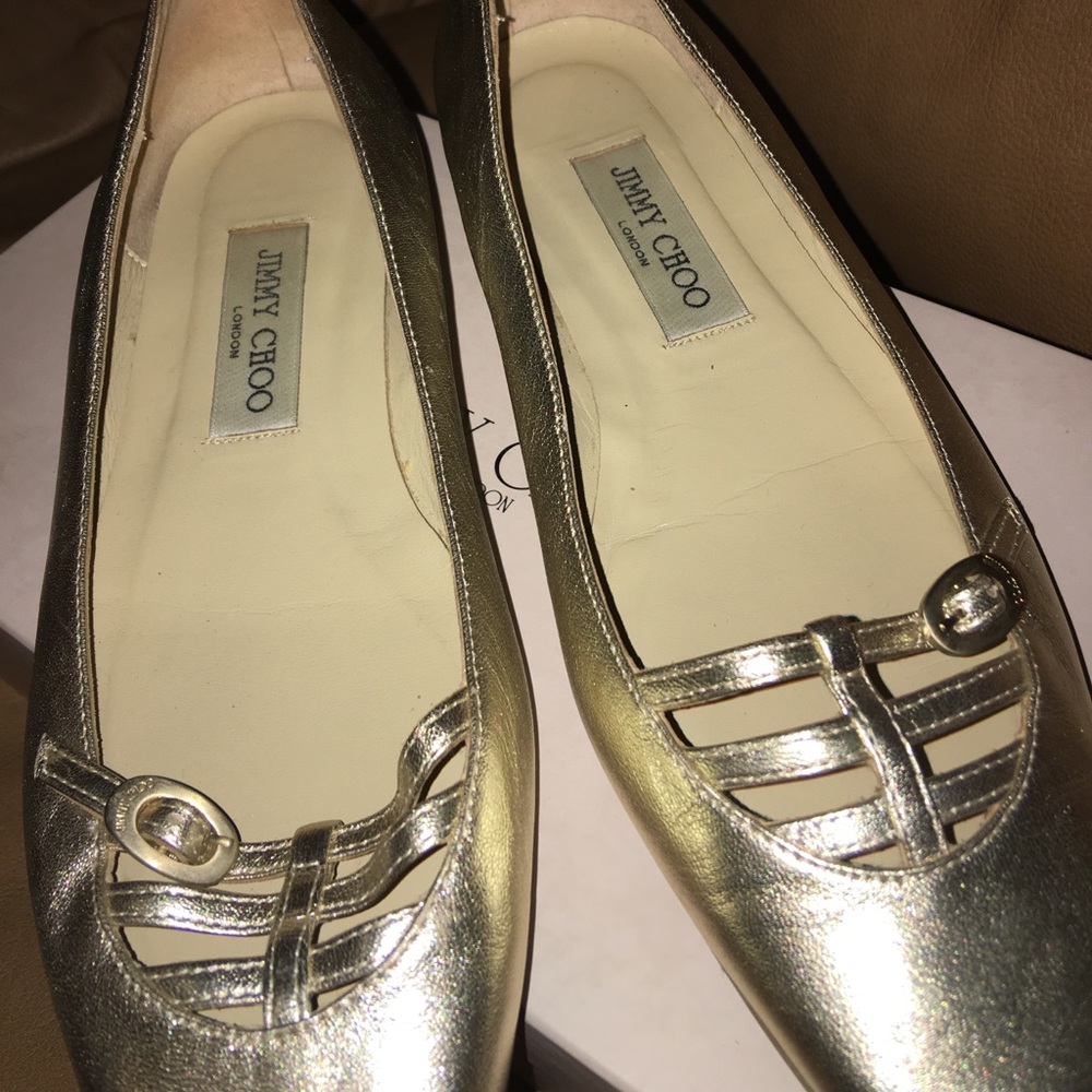 Jimmy Choo metallic square toe flats.