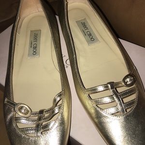 Jimmy Choo metallic square toe flats.