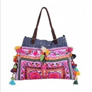 Embroidered tote bag boho style with pompoms