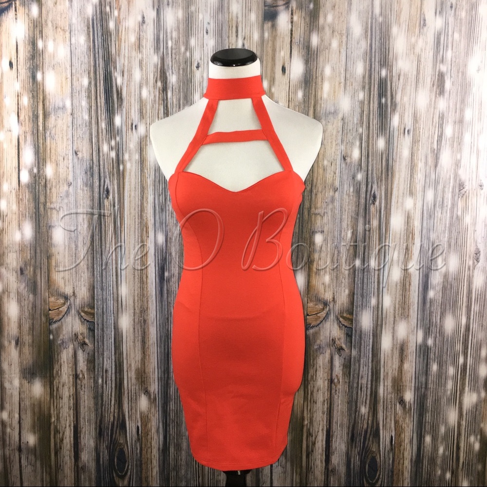 🎉CLEARANCE🎉 Orange Cut-Out Bodycon Choker Dress - Picture 3 of 3