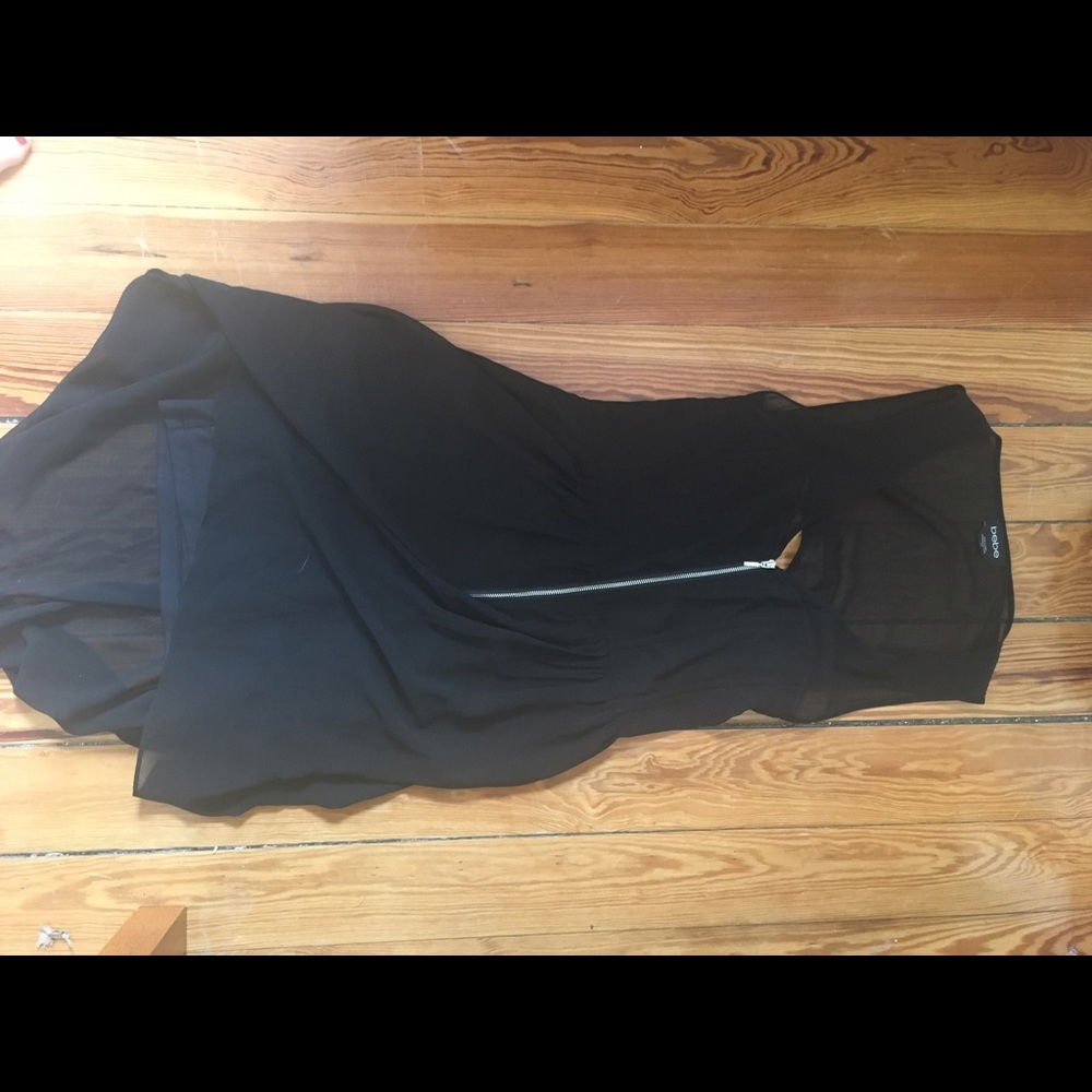 Black flowy Bebe dress with 2 layer slip