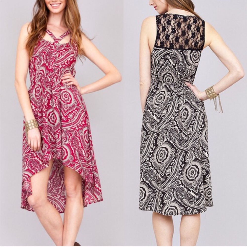 The SAROM print hi-lo dress - DEEP RED/BLACK