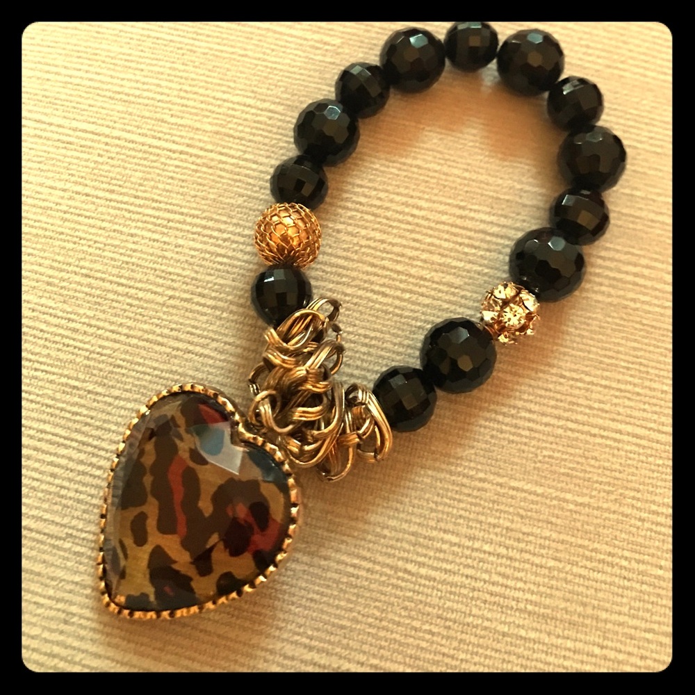 Betsey Johnson stretch black bead/gold bracelet