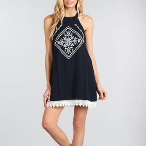Navy Embroidered Mini Dress