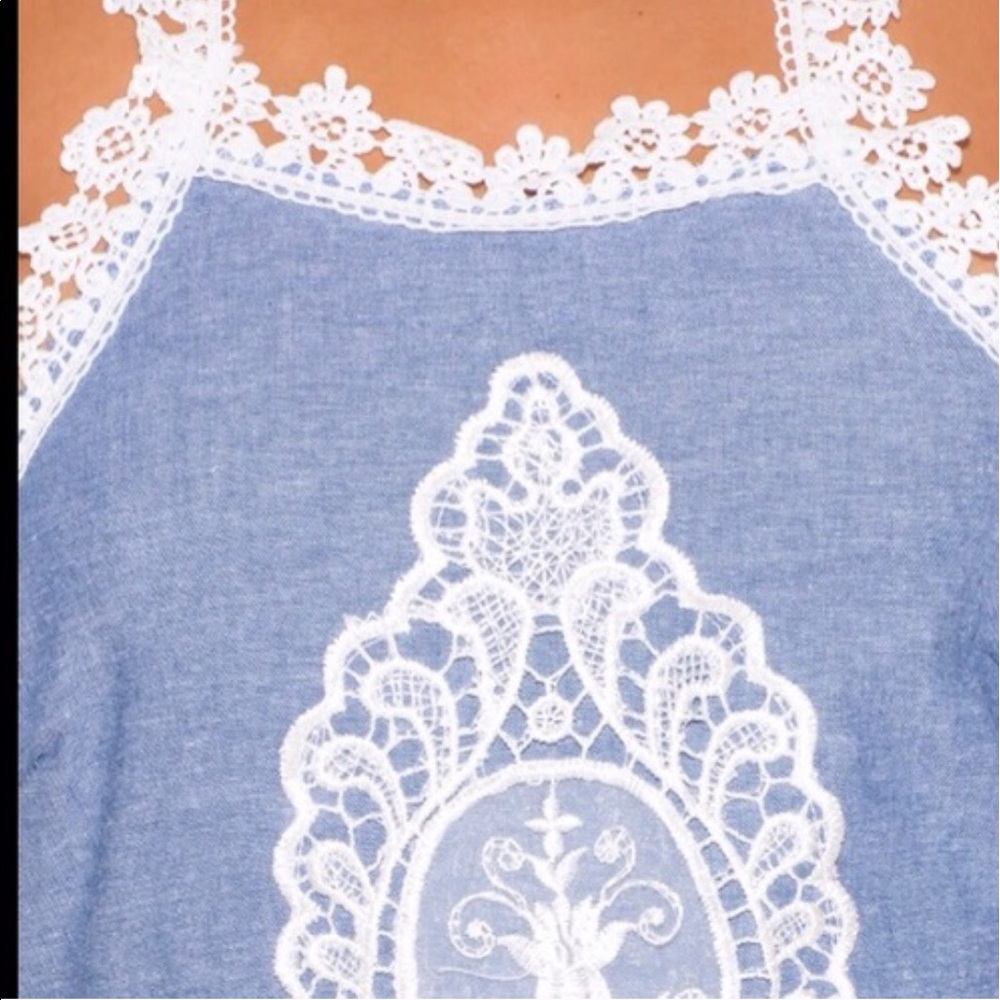 Blue Chambray Crochet Halter Boho Mini Sun Dress - Picture 4 of 4