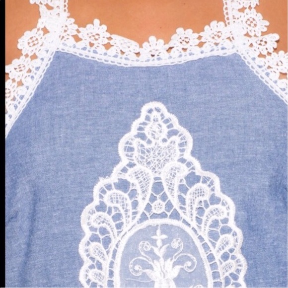 Blue Chambray Crochet Halter Boho Mini Sun Dress - Picture 4 of 4