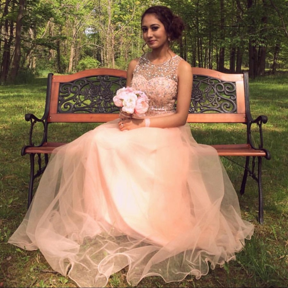 Two piece prom dress peach pink coral champagne