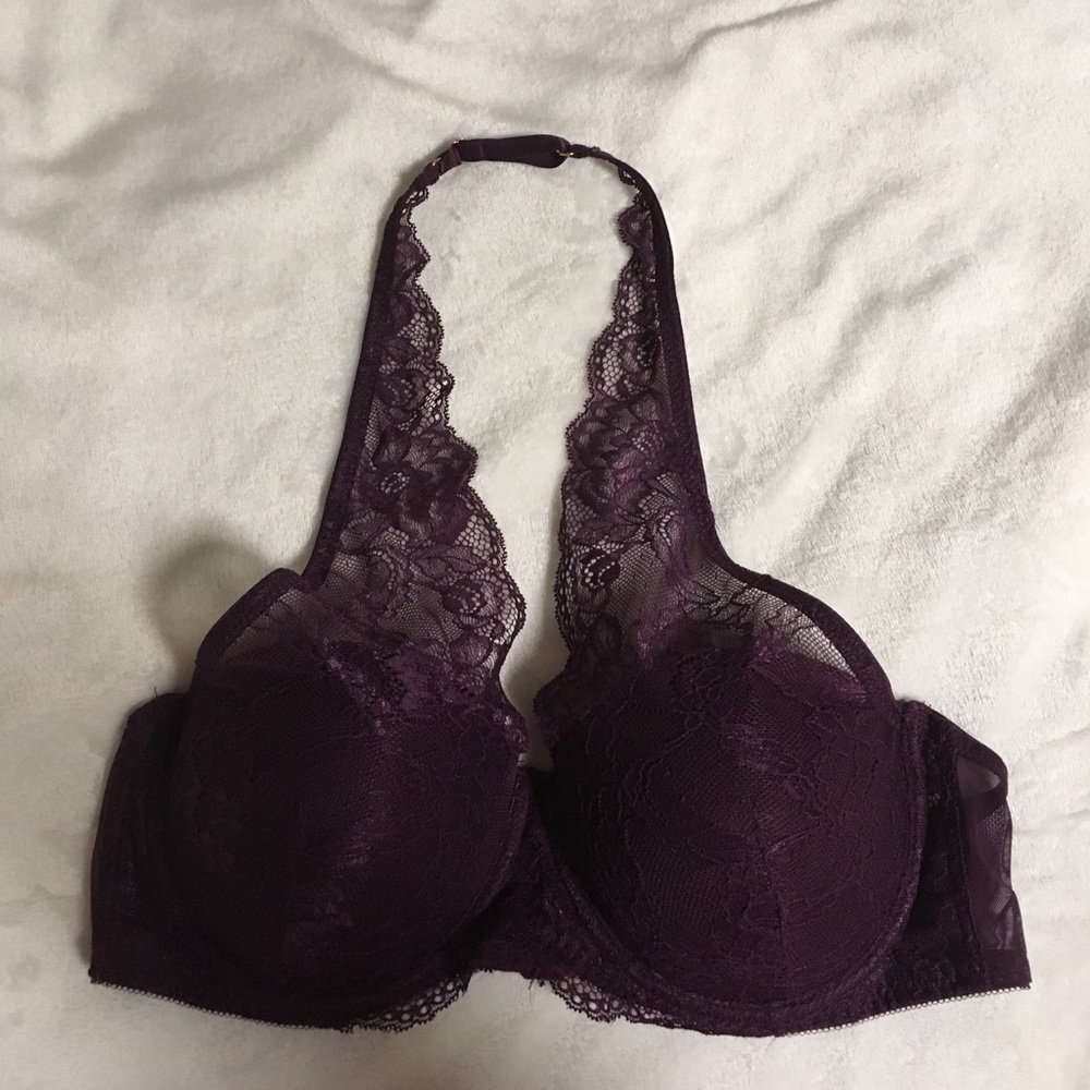 Ruby Wine Push Up Scalloped Lace Halter Bra