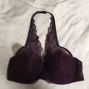 Ruby Wine Push Up Scalloped Lace Halter Bra