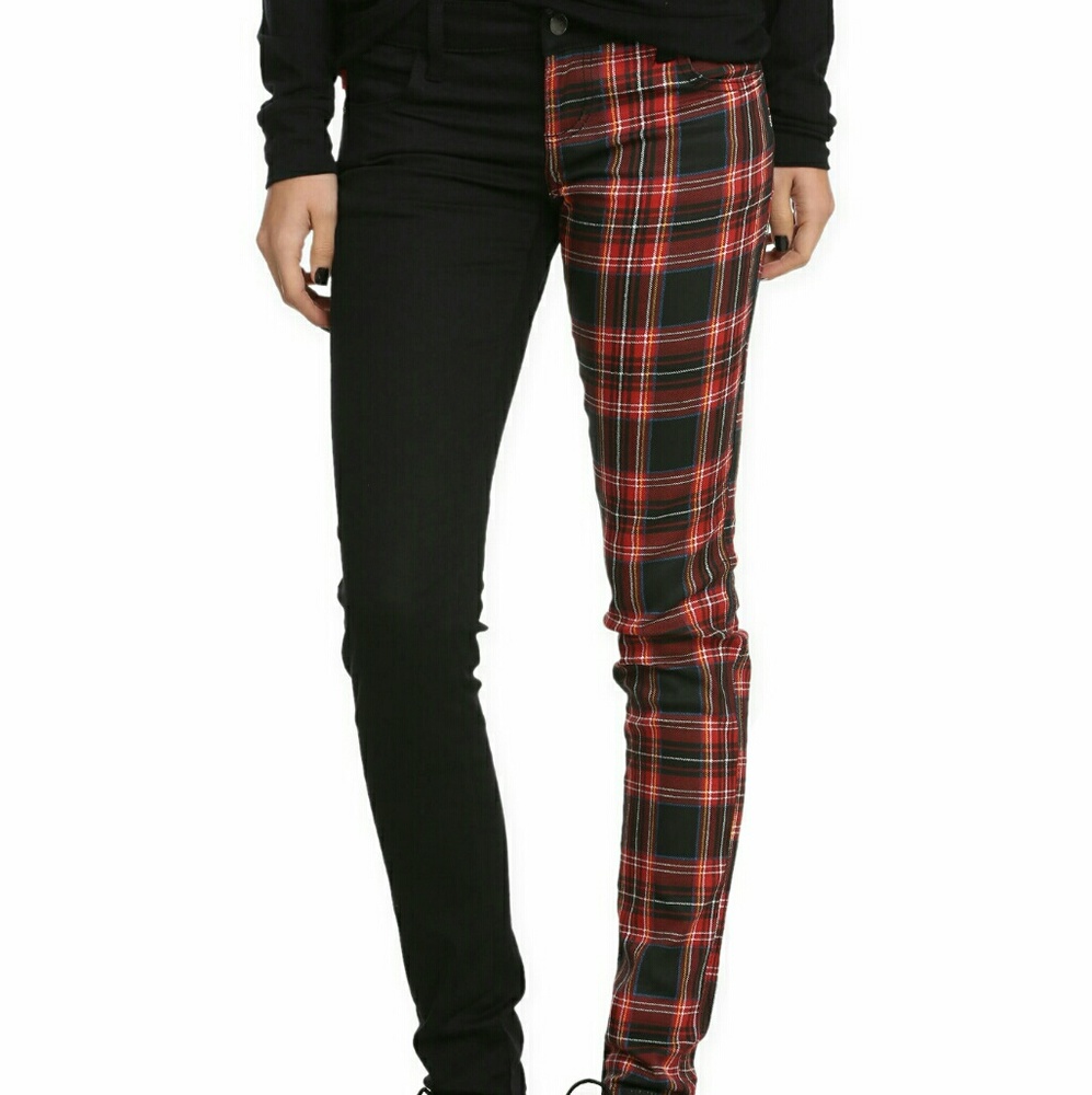 Split Leg Plaid Skinny Jeans