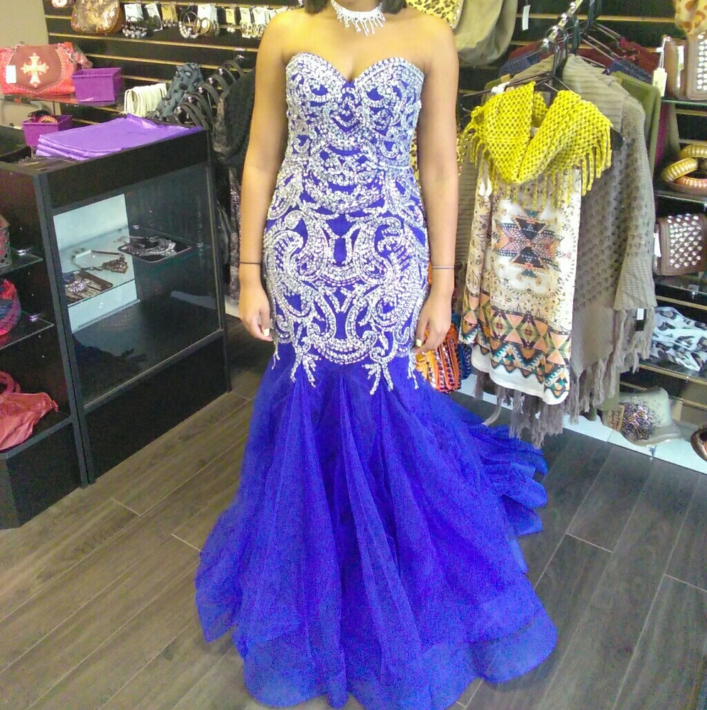 Silver Rhinestone Cobalt Blue Mermaid Prom Dress