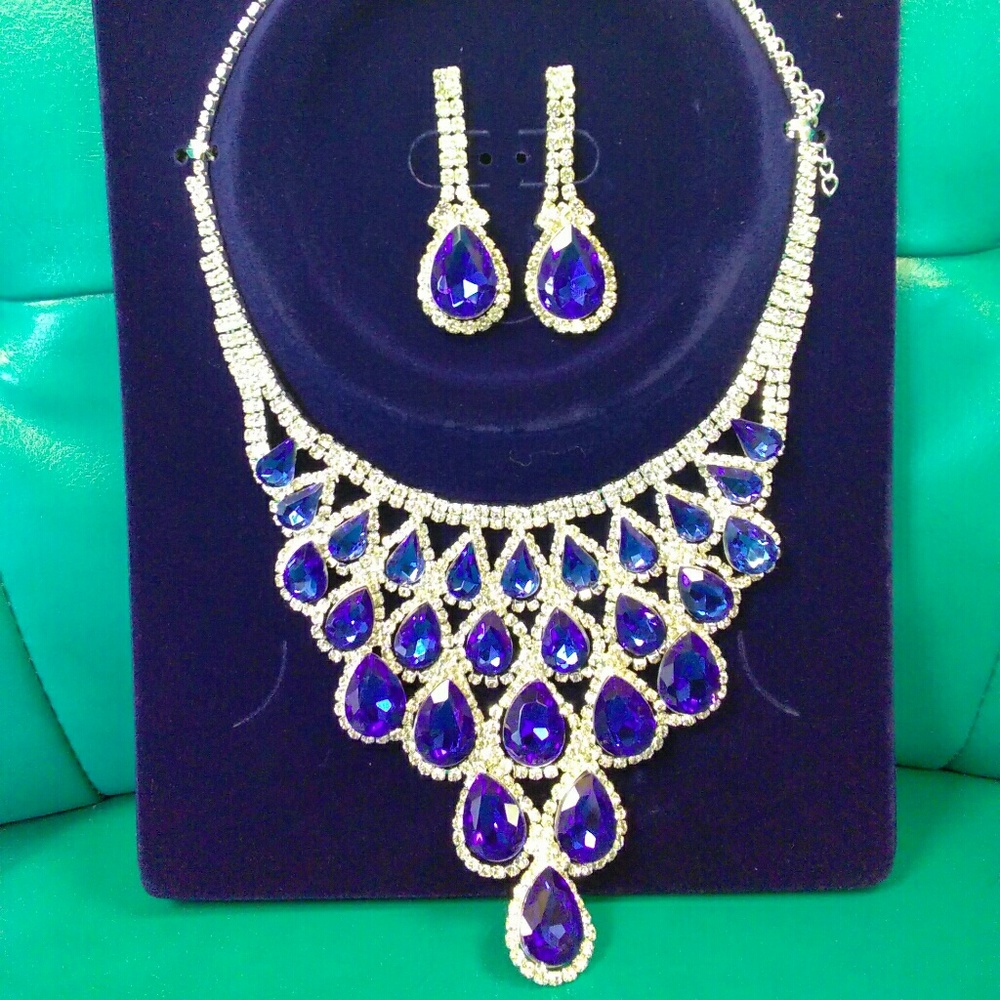 Rhinestone Silver & Cobalt Blue Necklace Set