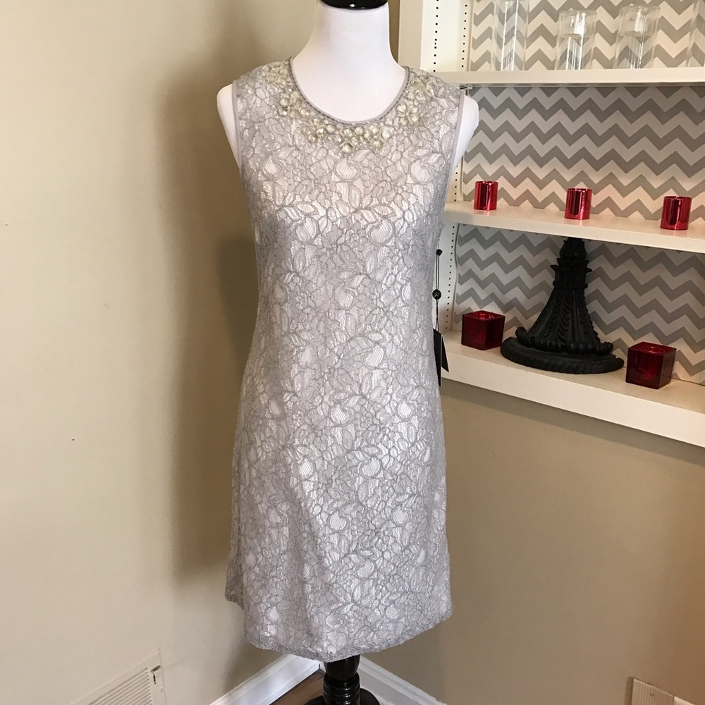 Grey lace sheath dress