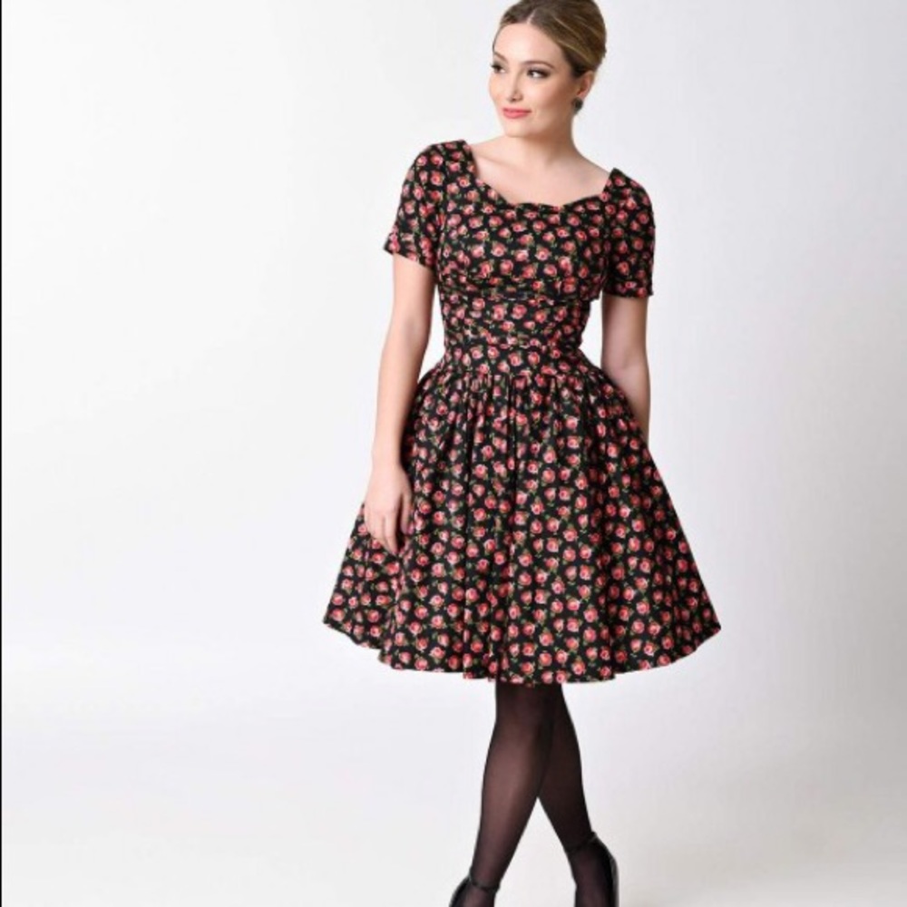 Unique Vintage Roman Holiday black floral dress