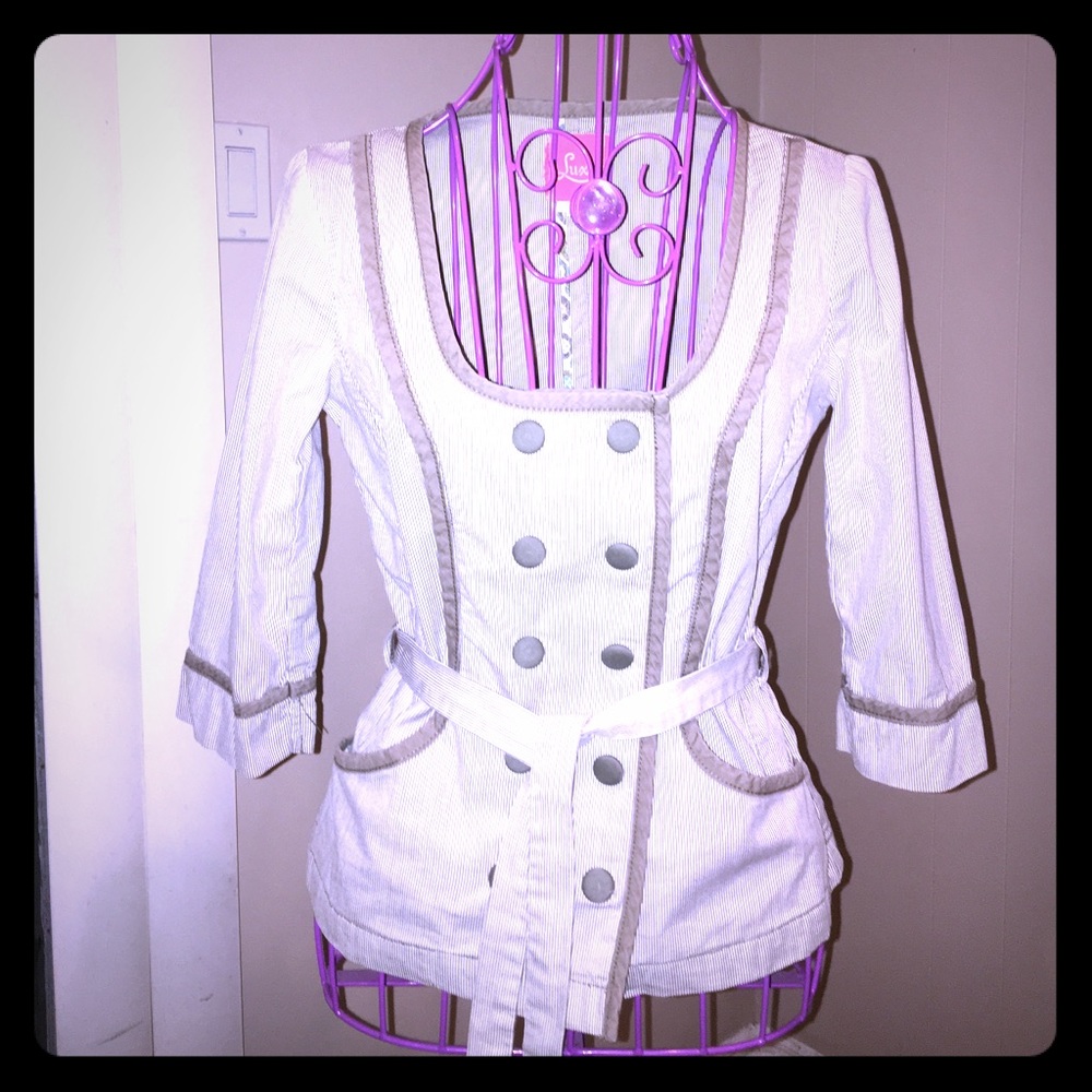 LAST CALL 9/11/22 - Cream Brown Pinstripe Fitted Blazer Summer Jacket