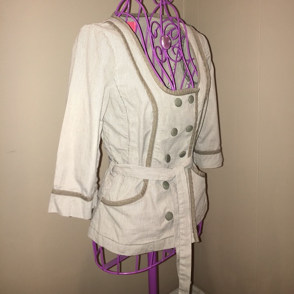 LAST CALL 9/11/22 - Cream Brown Pinstripe Fitted Blazer Summer Jacket - Picture 6 of 8