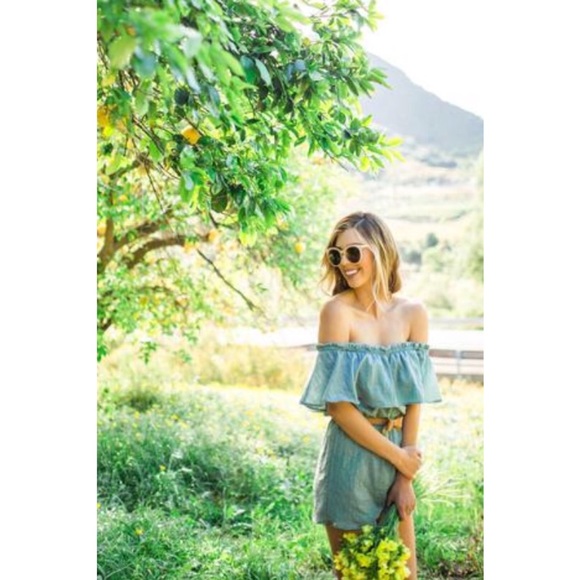 Romantic Tuscany Willow Teal Off-Shoulder Romper - Picture 6 of 6