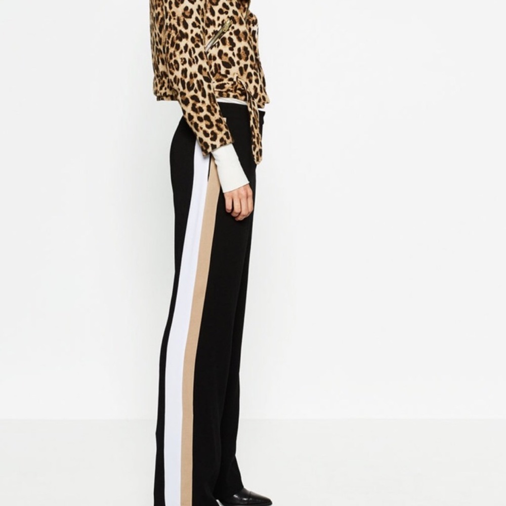Zara black tan striped wide leg trousers
