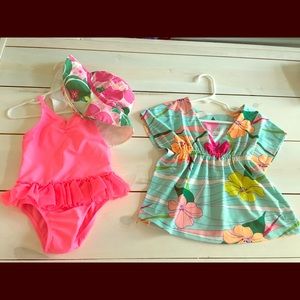 Infant Swim Suit, Cover Up, And Swim Hat 12 Mo