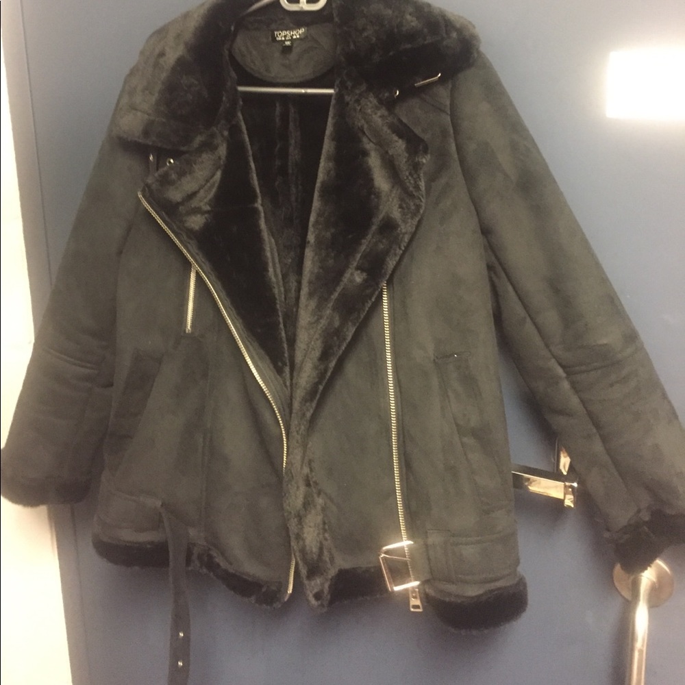 Topshop-Faux Shearling Biker Jacket( Black)