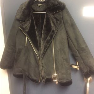 Topshop-Faux Shearling Biker Jacket( Black)