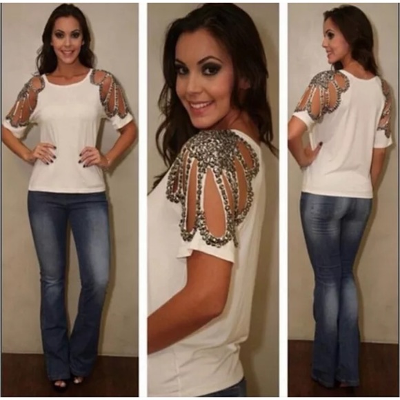 White Chiffon Sleeve Cutout Top - Picture 2 of 5