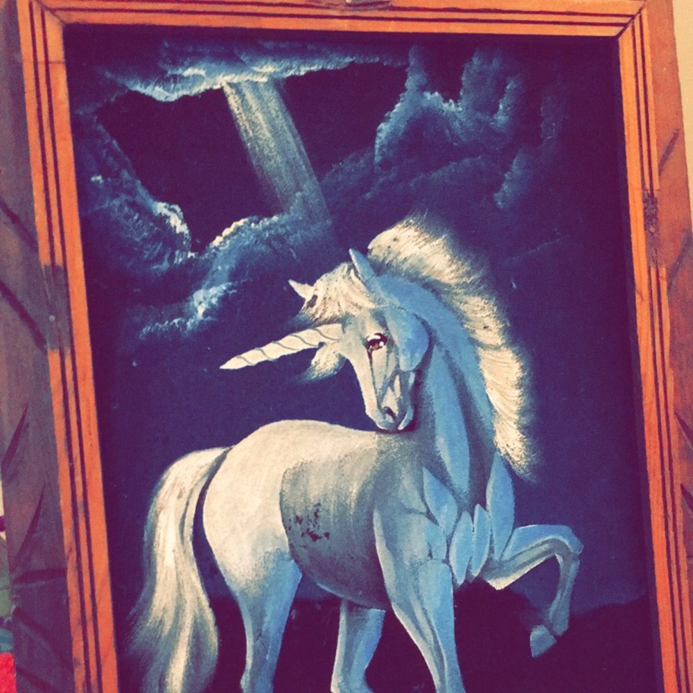 Unicorn Painting on Velvet & Wooden Frame Vintage
