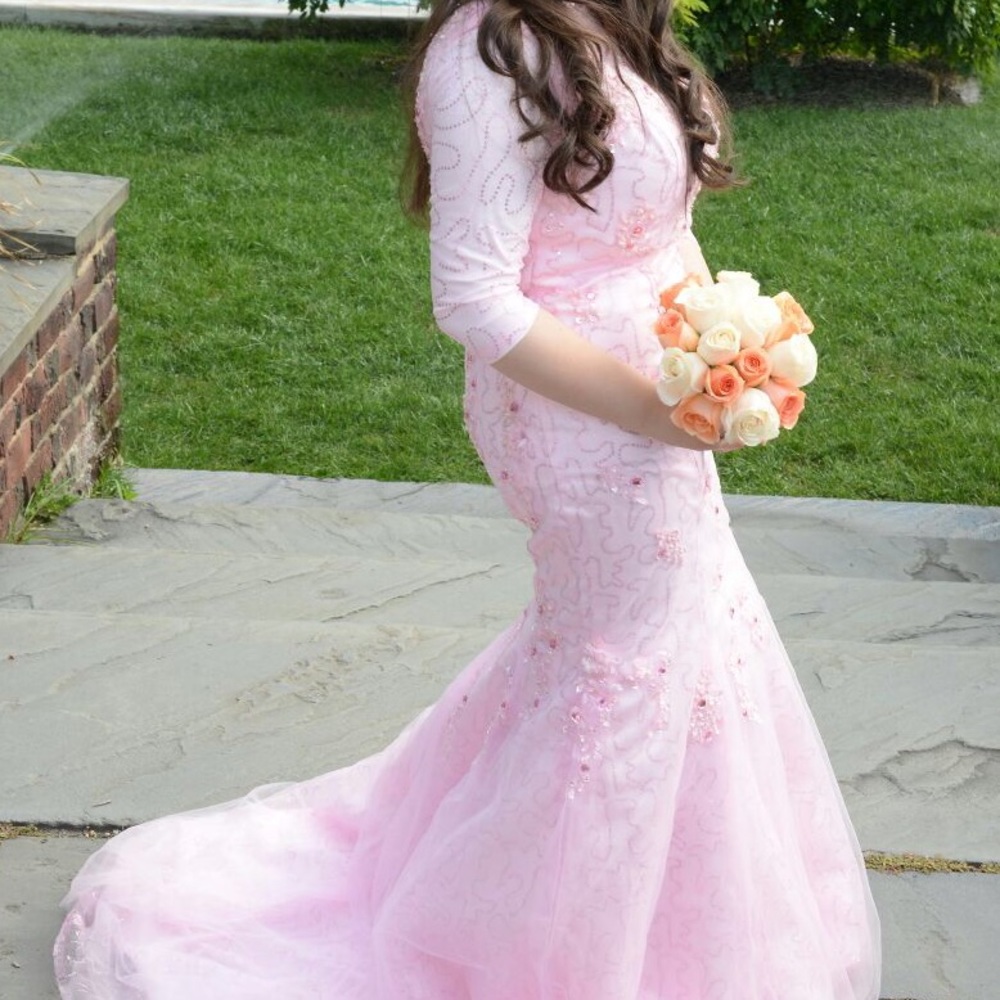 Custom pink hand beaded wedding dress